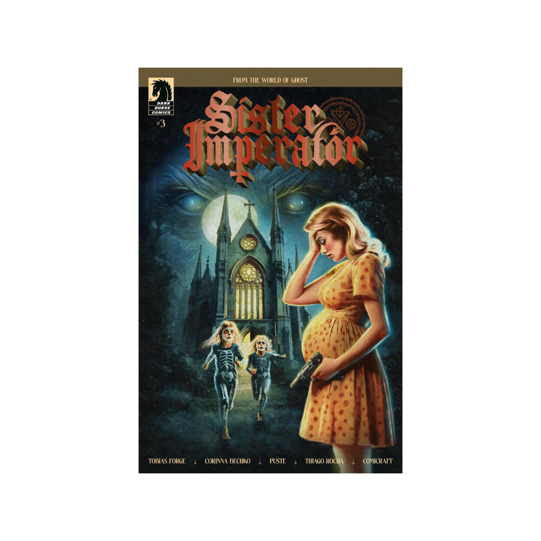 Book cover of 'Sister Imperator' with a woman and children in front of a gothic building.