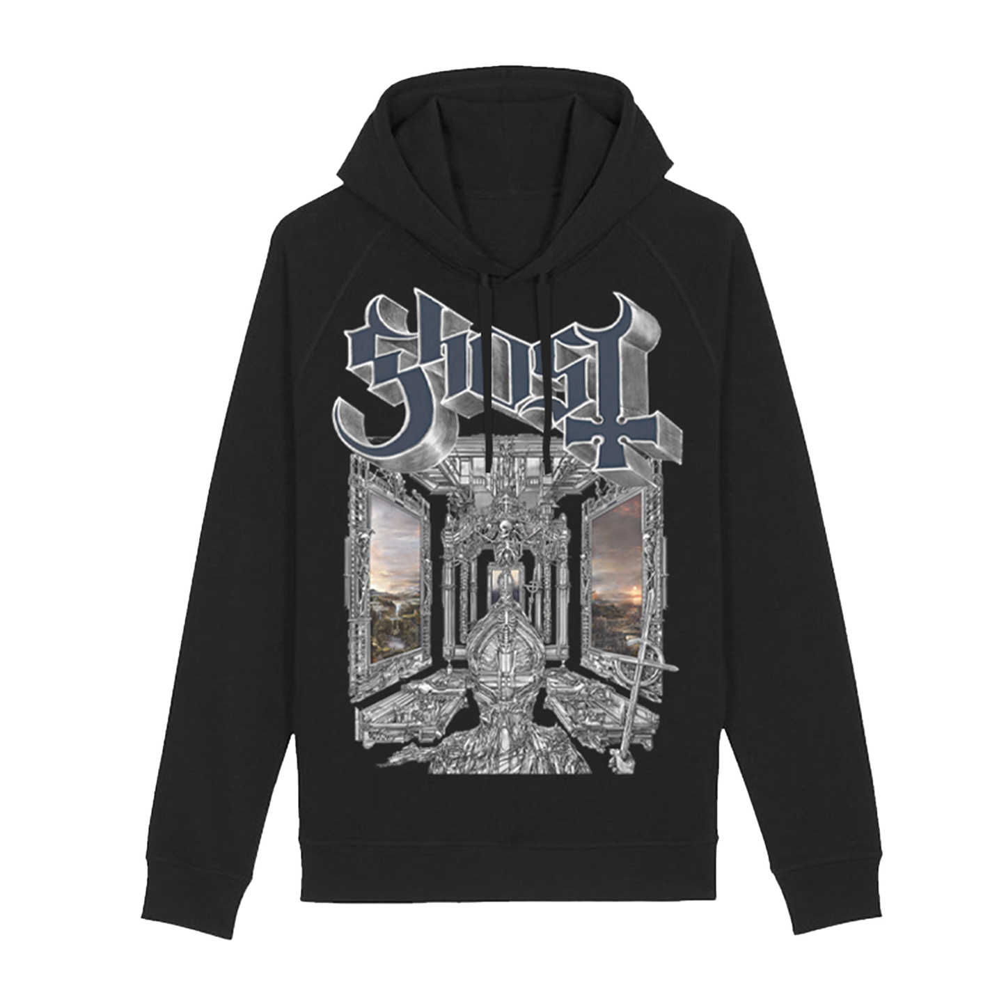 Ghost Skeletá Hoodie features an intricate, album-inspired design, which showcases a detailed skeletal figure sitting upon a throne in a cathedral-like structure, flanked by eerie open windows revealing a twilight landscape.