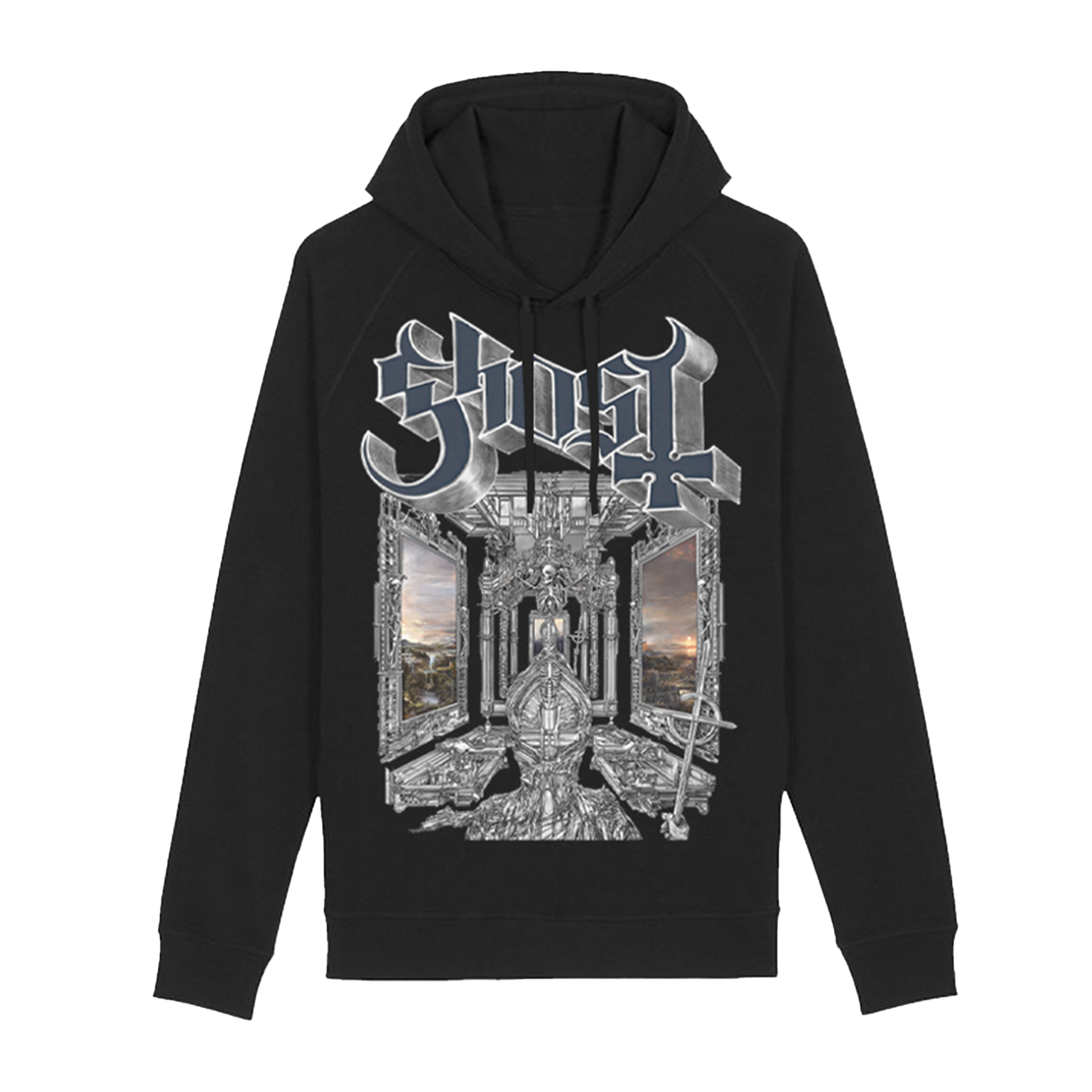 Ghost Skeletá Hoodie features an intricate, album-inspired design, which showcases a detailed skeletal figure sitting upon a throne in a cathedral-like structure, flanked by eerie open windows revealing a twilight landscape.