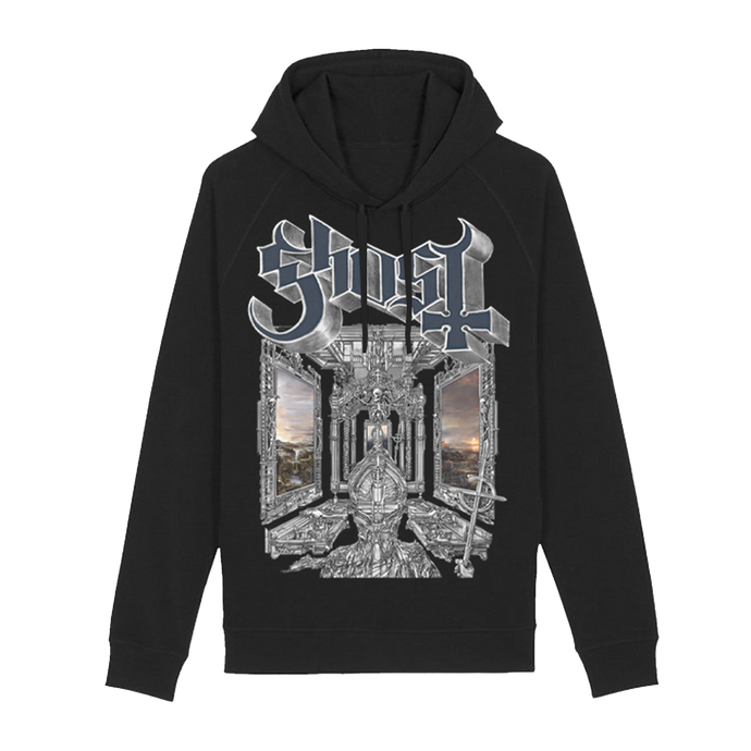 Ghost Skeletá Hoodie features an intricate, album-inspired design, which showcases a detailed skeletal figure sitting upon a throne in a cathedral-like structure, flanked by eerie open windows revealing a twilight landscape.