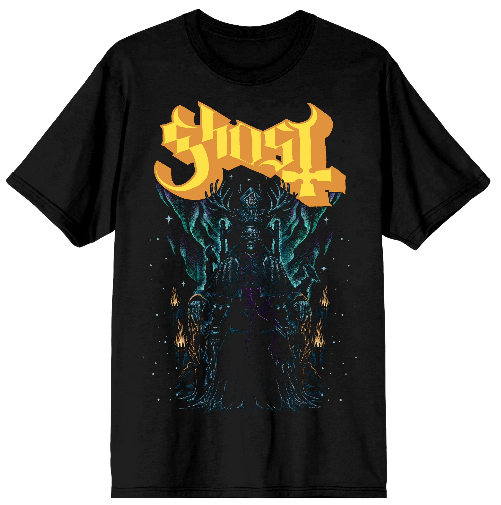 Black t-shirt with 'Ghost' band logo design on a white background