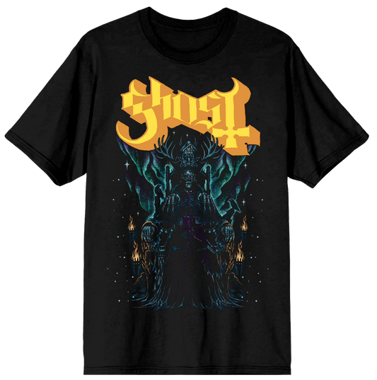 Black t-shirt with 'Ghost' band logo design on a white background