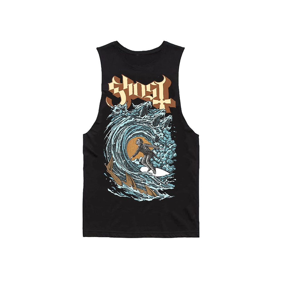 A black muscle tank top with a graphic print of a wave and the word 'Surf' on the front.