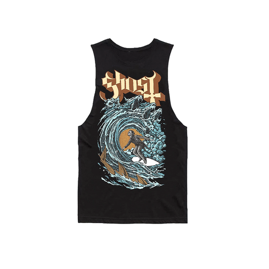 A black muscle tank top with a graphic print of a wave and the word 'Surf' on the front.