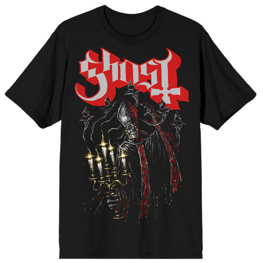 Black t-shirt with 'Ghost' band logo and Haunted Candelabra design