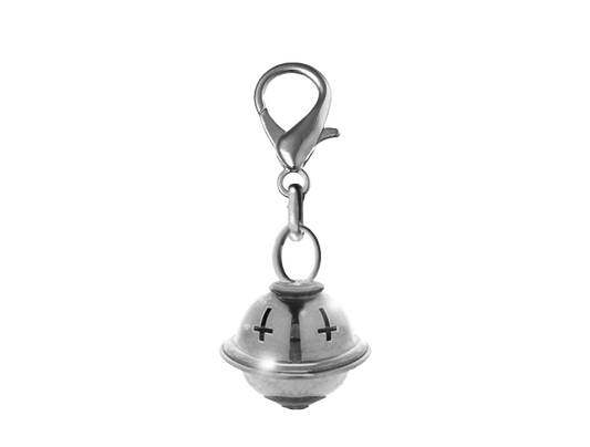 Silver bell charm with a clasp on a white background