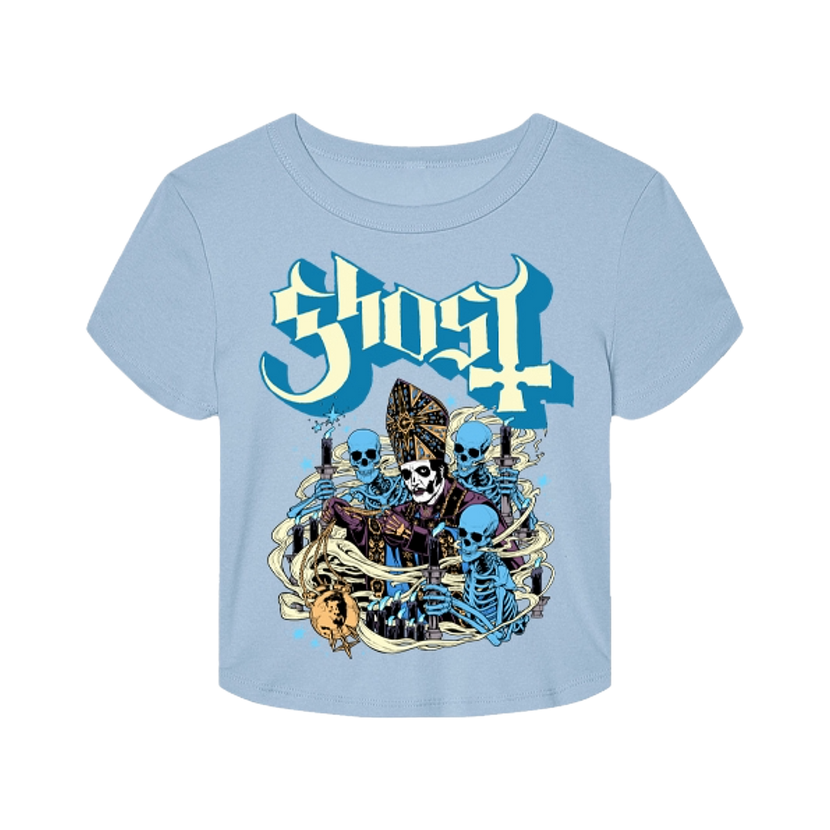 A light blue short-sleeve t-shirt with a graphic print featuring the word 'Ghost' in a stylized blue and white font above three blue skeletons with candles, shown on a plain white background.
