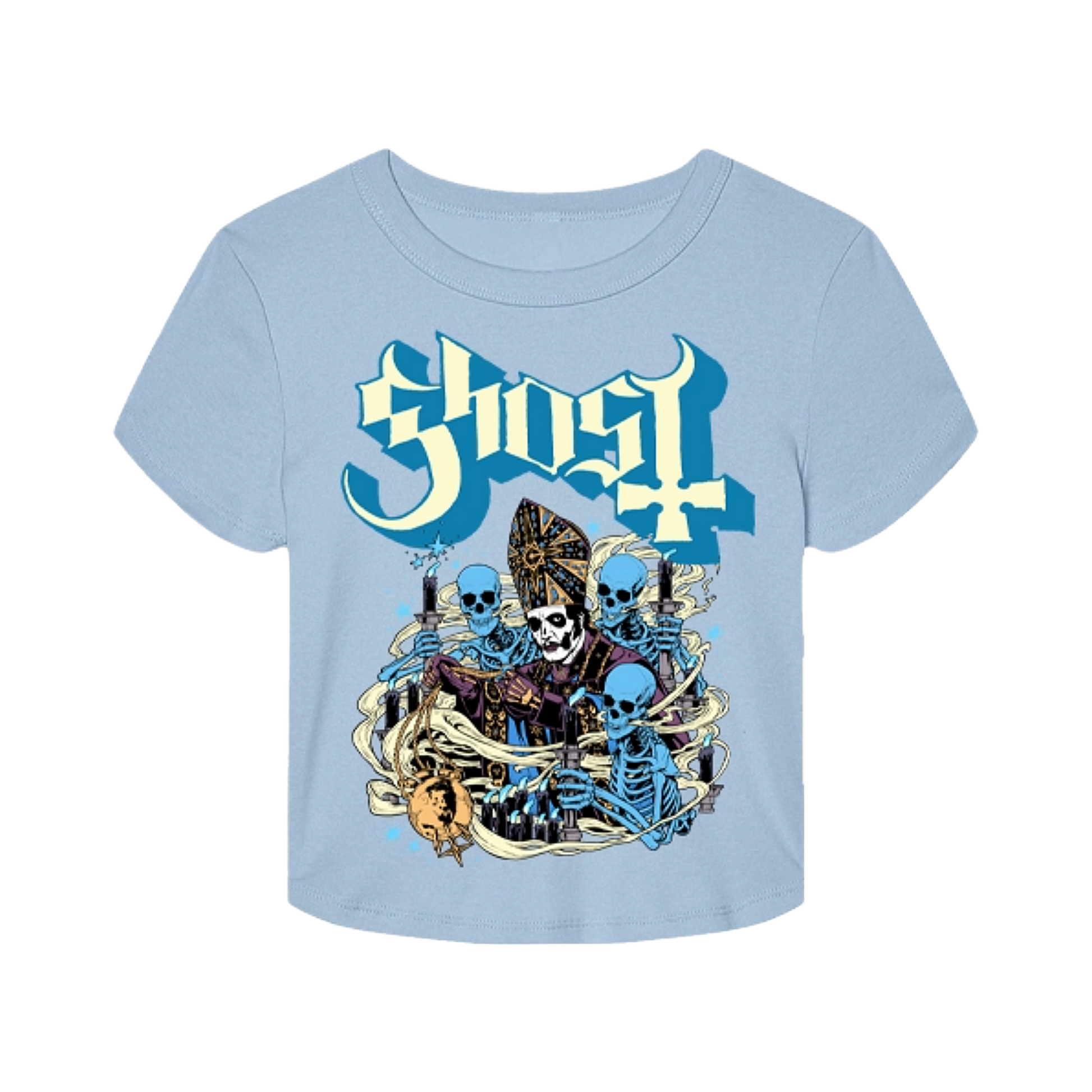 A light blue short-sleeve t-shirt with a graphic print featuring the word 'Ghost' in a stylized blue and white font above three blue skeletons with candles, shown on a plain white background.