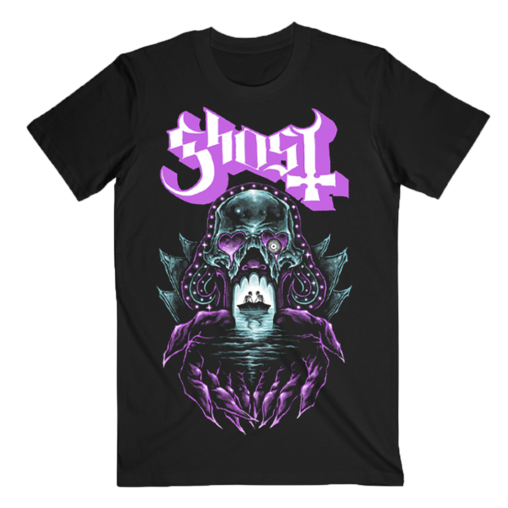 Black t-shirt with a skull design and 'Ghost' logo in purple on a white background