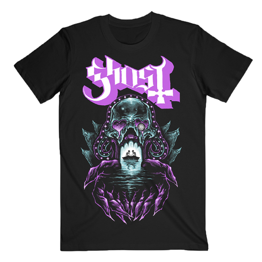 Black t-shirt with a skull design and 'Ghost' logo in purple on a white background