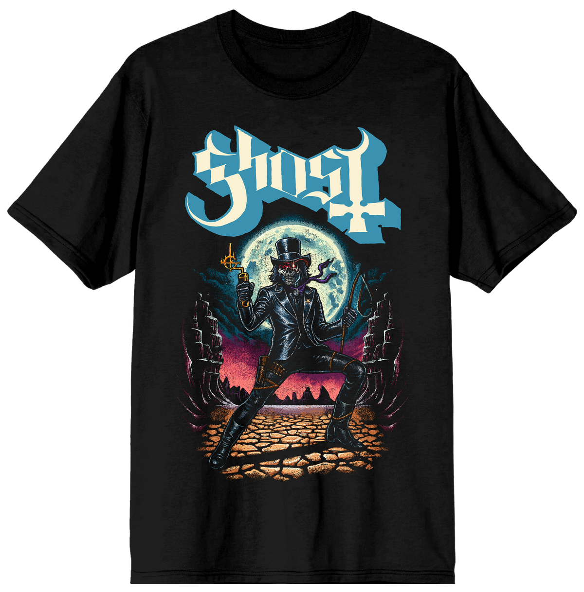 Black t-shirt with 'Ghost' band graphic design on a white background