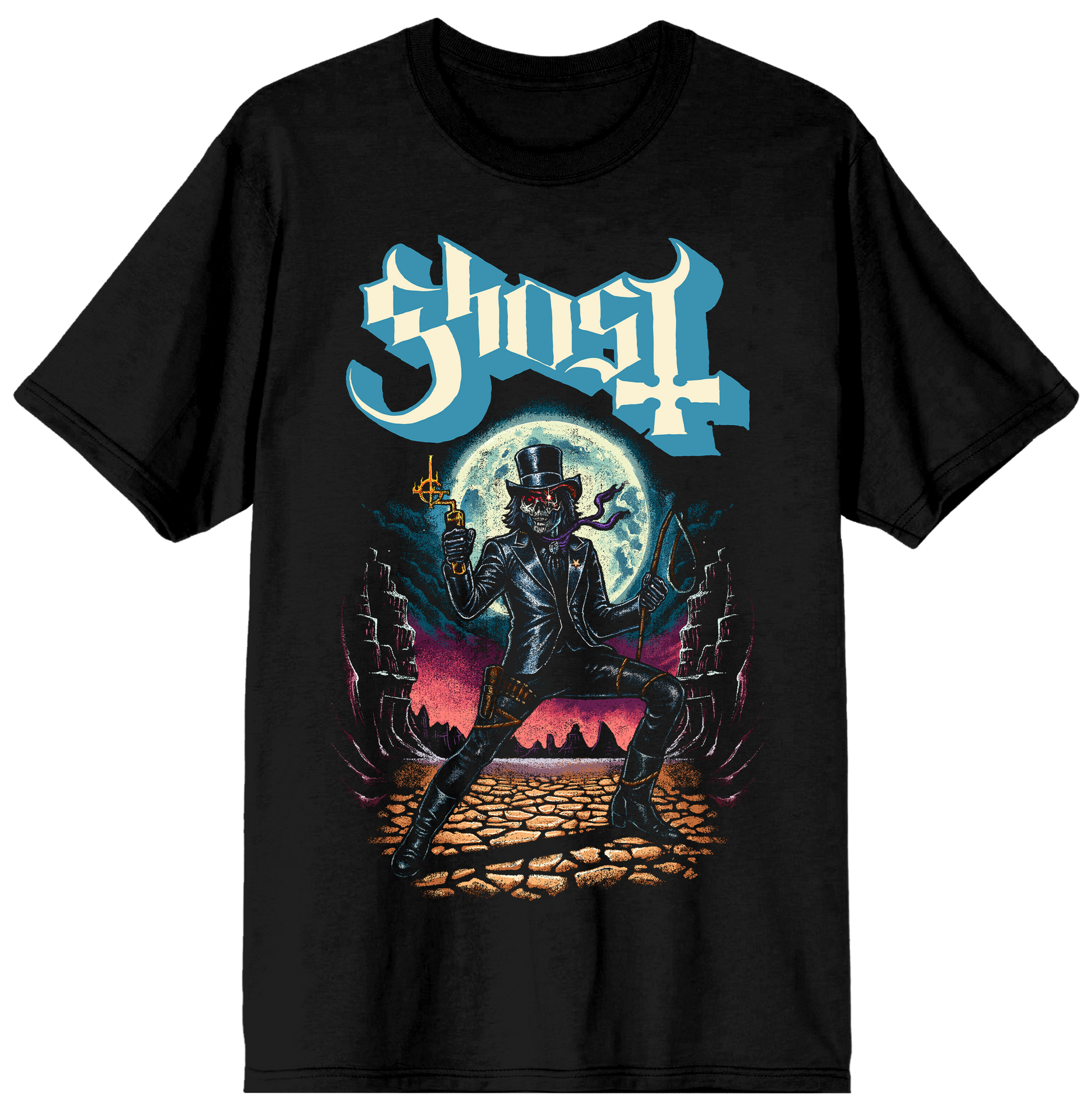 Black t-shirt with 'Ghost' band graphic design on a white background