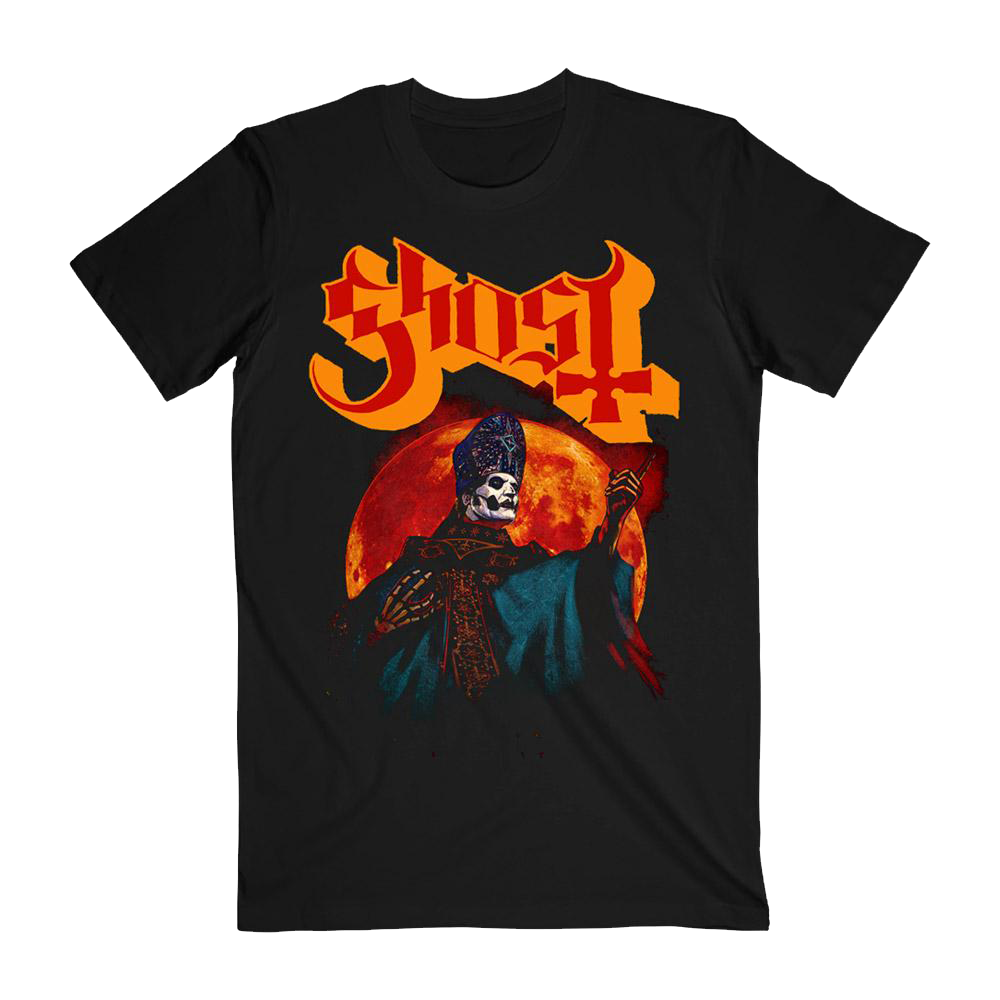  Hunter's Moon T-Shirt featuring the Ghost logo printed on the front with a vibrant moon graphic in the background.
