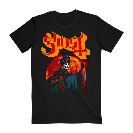  Hunter's Moon T-Shirt featuring the Ghost logo printed on the front with a vibrant moon graphic in the background.