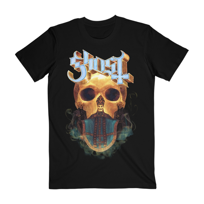 The Memento Mori tee by Ghost features Papa IV in front of a ominous glowing Skull along side his Ghouls, this art is with the Impera style Ghost logo. True Pro Memoria style.